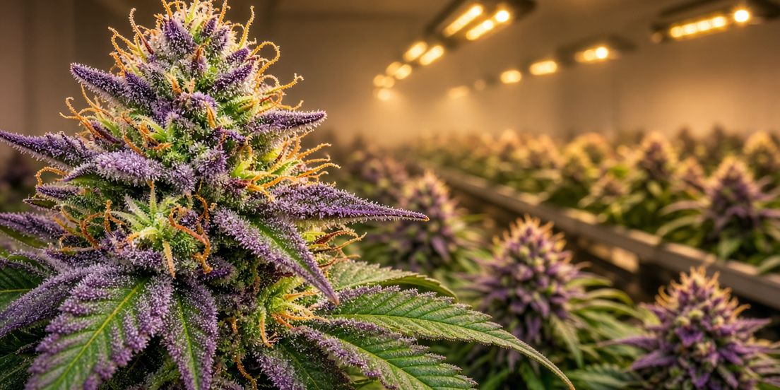 Frosty purple cannabis flower in a licensed indoor grow room